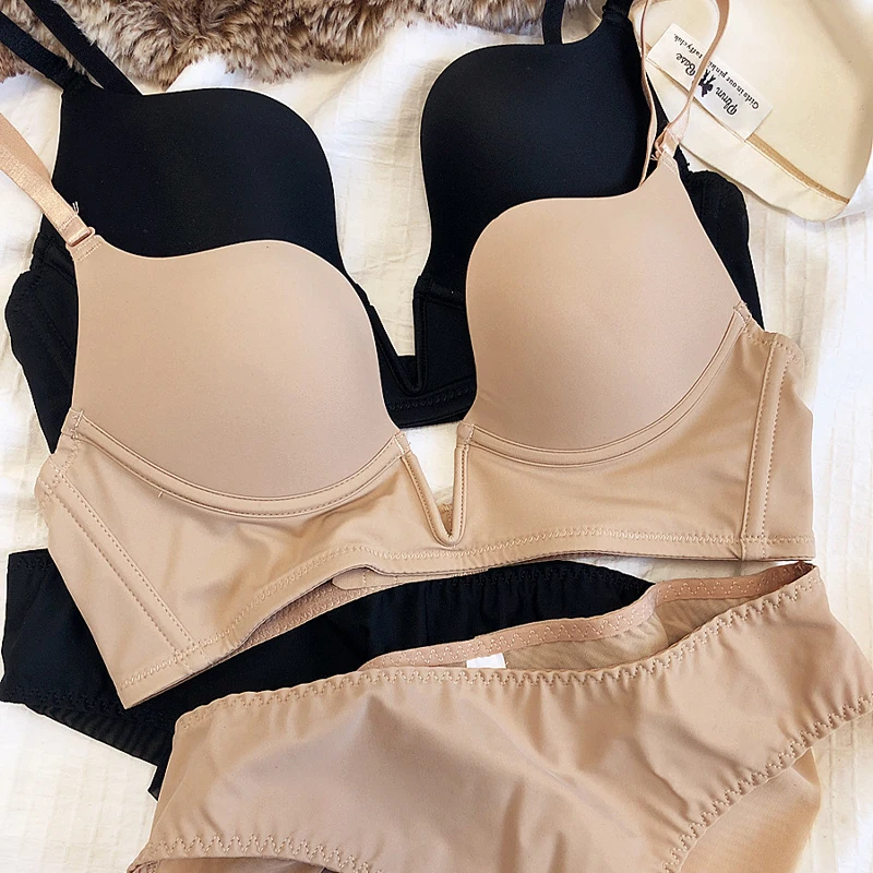 

Сексуальное нижнее белье с глубоким вырезом для женщин, бесшовный комплект с бюстгальтером пуш-ап, 3-цветный бюстгальтер с регулируемым ремешком, удобное женское нижнее белье с глубоким V-образным вырезом