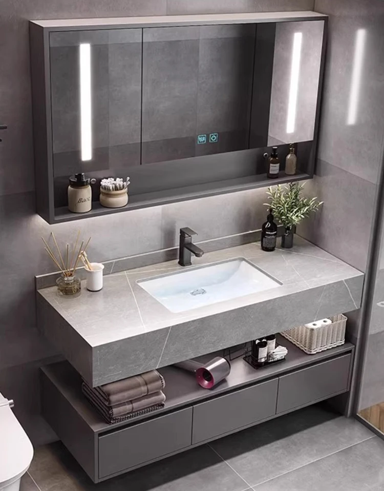 Custom White Ceramic Basin Led Mirror Light Bathroom Sets Cabinets Modern Luxury Bathroom Vanity With Sink