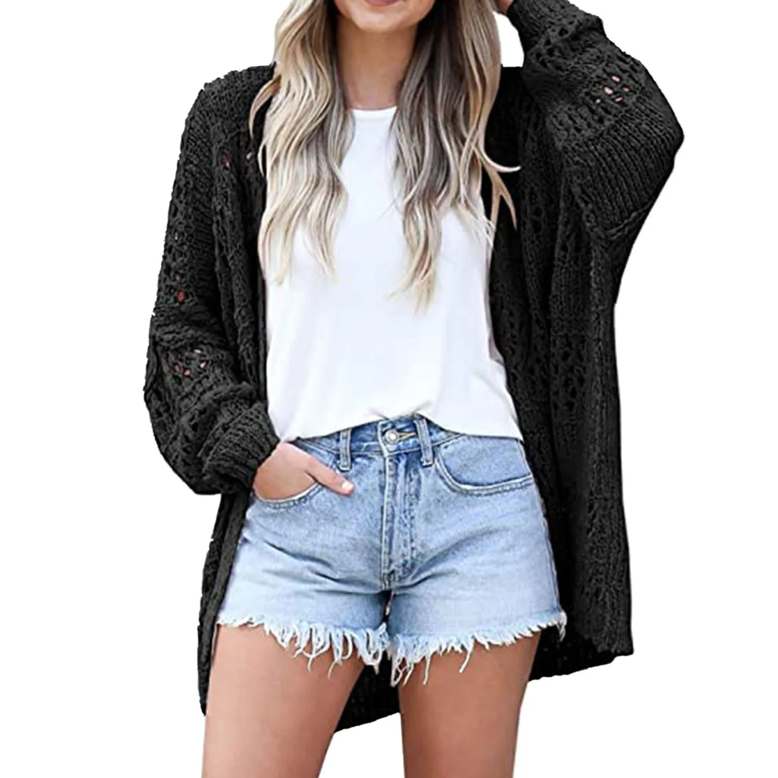 Women's Autumn And Winter Open Front Sweater Long Sleeve Hollow Out Chunky Chaqueta Mujer Zip Up Outwear Coats Basic Jackets