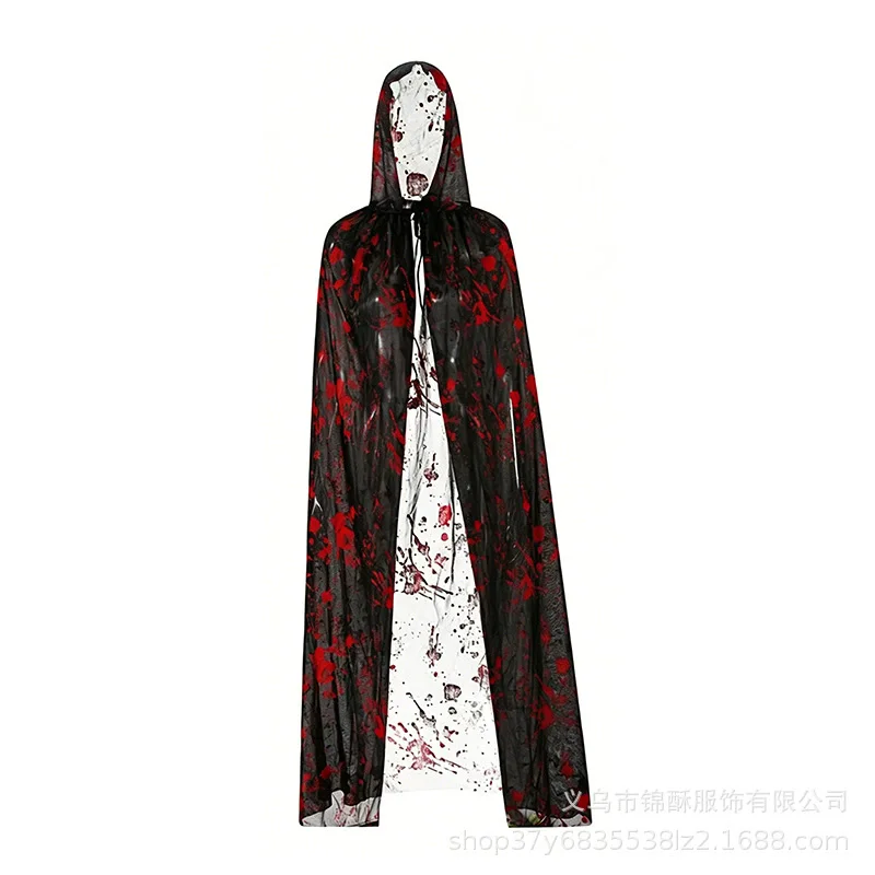 Halloween Horror Grim Reaper Cloak Bloodstained Hooded Cape Adult Children Vampire Costume for Haunted House Dungeon