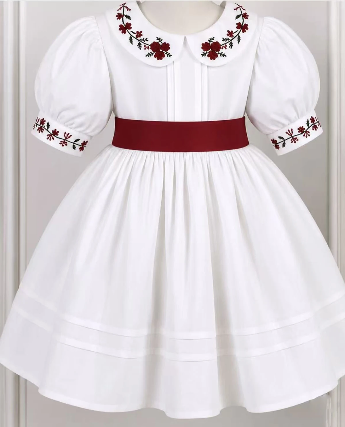 Summer Girl Cute Handmade Embroidered Flower Red Bow White Dress for Casual Party Birthday Wedding Photography