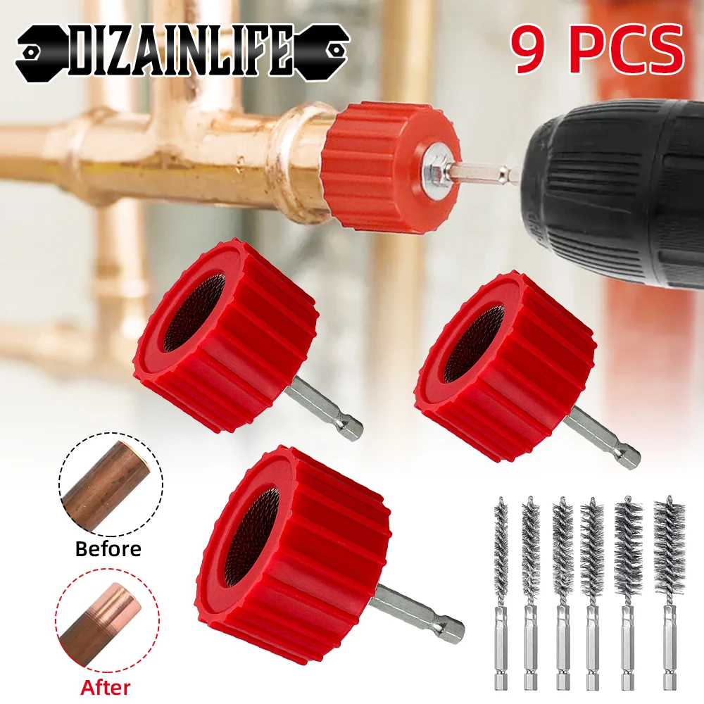 3/9Pcs Copper Pipe Cleaner Set Tube Cleaning Brush 1/2 Inch, 3/4 Inch, 1 Inch Cleans Copper Pipes Tubes for Power Drill Plumbers