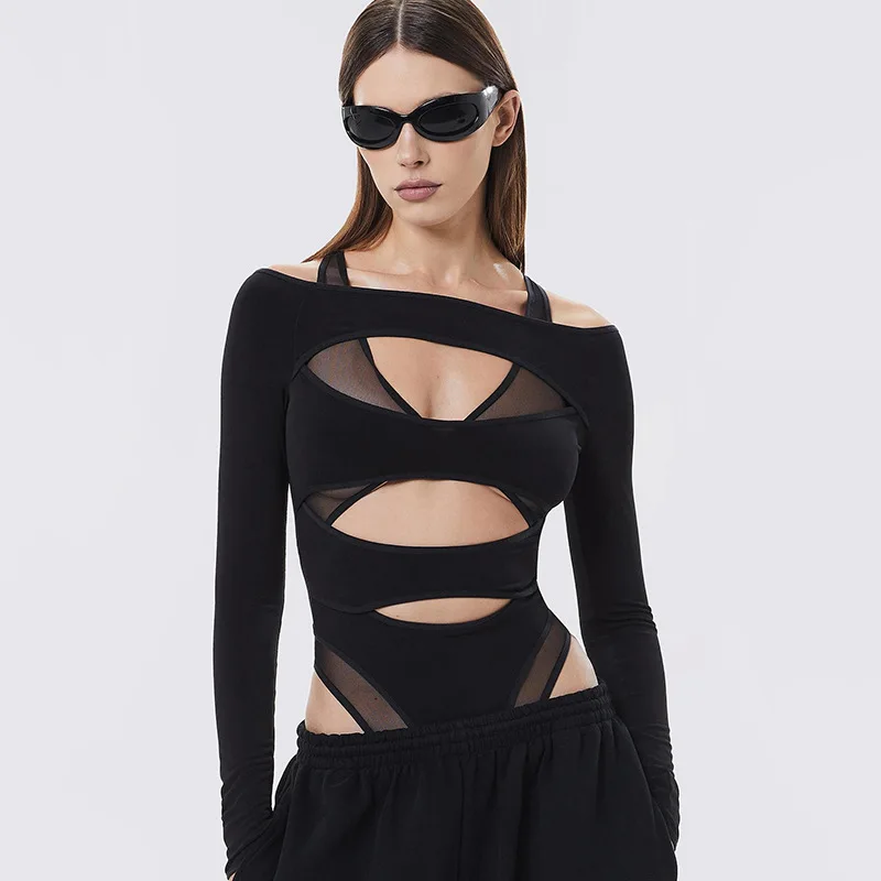 Cyber Y2k Punk Hollow Out Sexy Bodysuits Mall Gothic Bodycon Mesh Sheer T-shirts Women Long Sleeve Patchwork Bodysuit