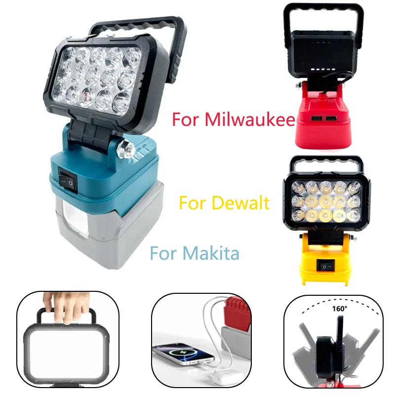

For Makita/Dewalt/Milwaukee 18V battery Portable LED Work Light With Dual USB Hook Lights Spotlight for outdoor camping lamp