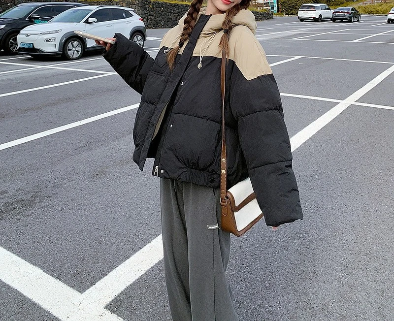 女性用コットンジャケット 新しいコントラストカラー 大きいサイズ 冬用フード付きコットンジャケット ルーズジャケット