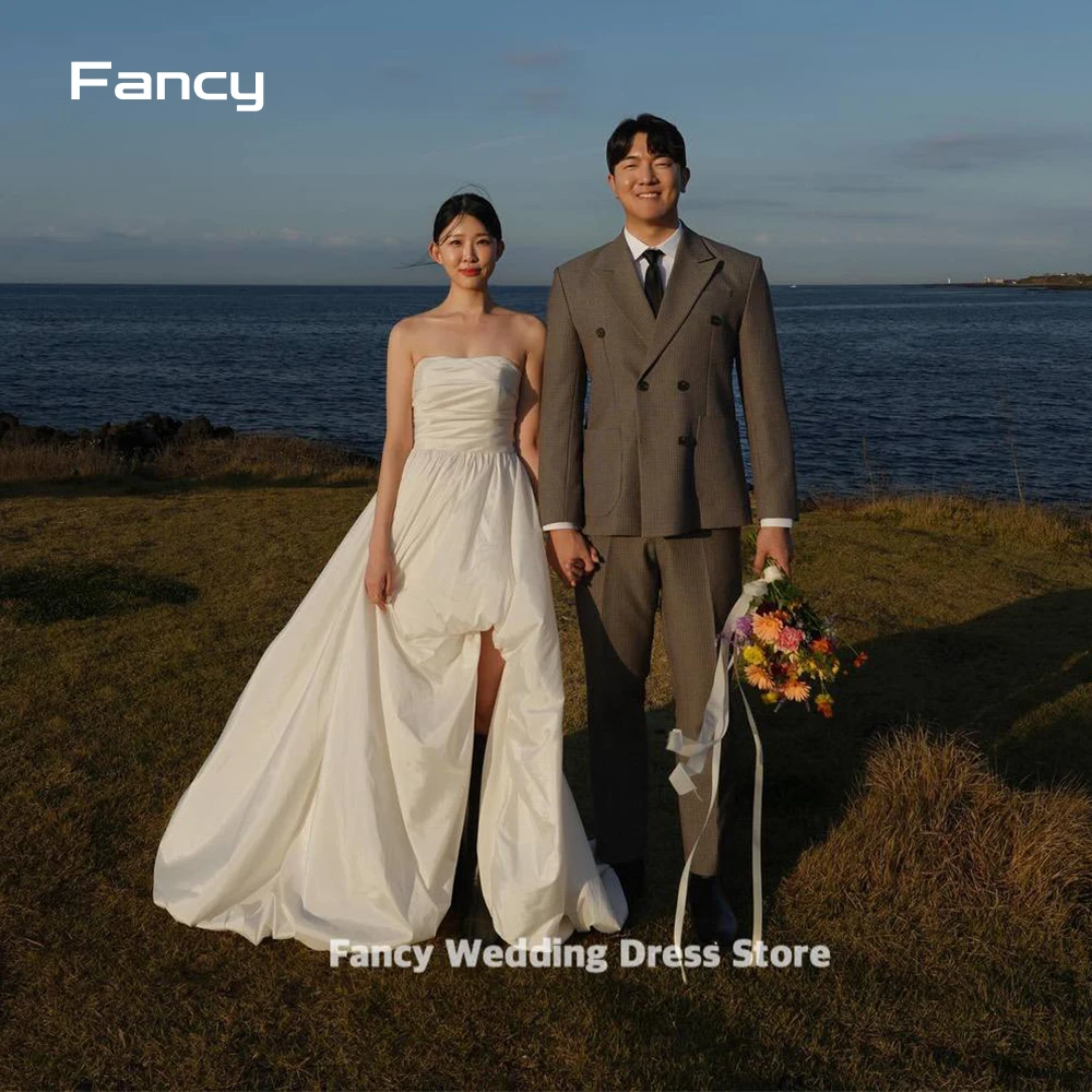 Vestido de novia de tafetán sin tirantes, traje de boda de línea A, sencillo y elegante, sin mangas, longitud hasta el suelo, ideal para la playa, sesión de fotos, hecho A medida