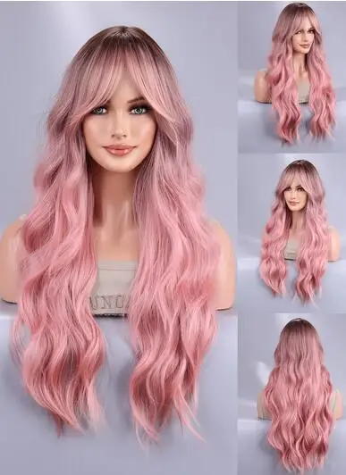 

Long Body Wave Ombre Black Pink Cosplay Wigs Heat Resistant Synthetic Wigs Middle Part Natural Lolita Wigs For Women