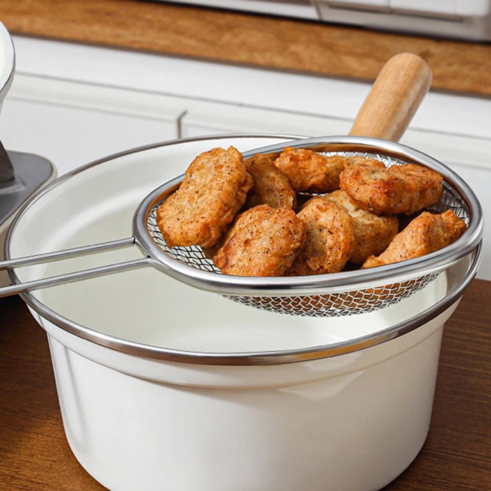 

Premium Stainless Steel Frying Basket Oil Draining Hot Pot Cooking Tool Ergonomic Handle Dense Drainage Holes Fryer Mesh