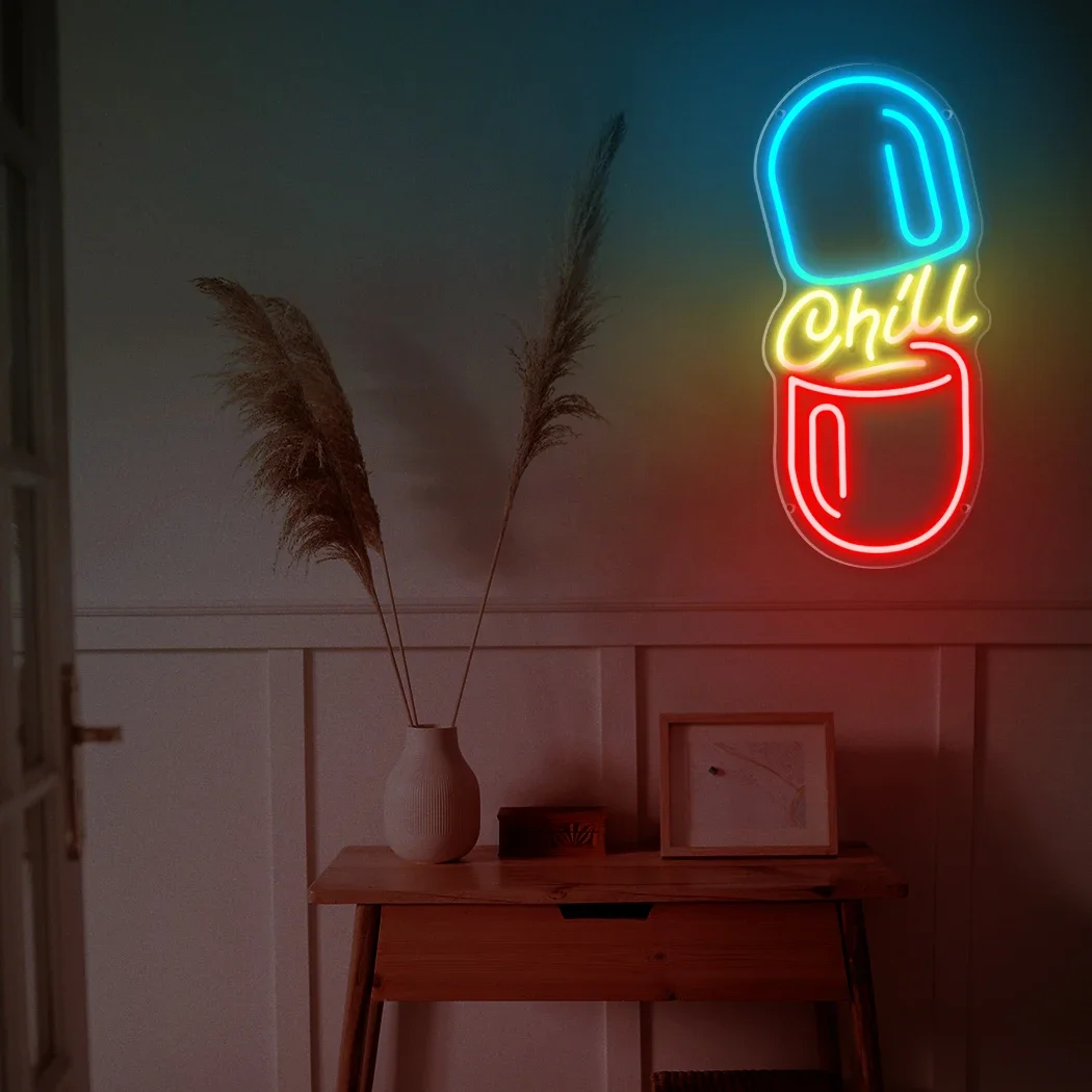 Chill Pill Neon Sign LED Art Wall Hanging Night Light Multipurpose USB Powered Decorative Lamp for Bedroom Man Cave Bar Shop