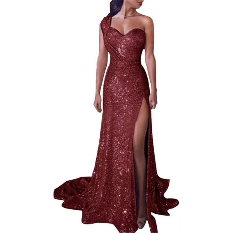 Light Luxury High-end One Shoulder Evening Dress Sexy Hanging Neck One Shoulder Party Gown Hot Stamping Split Long Prom Robes