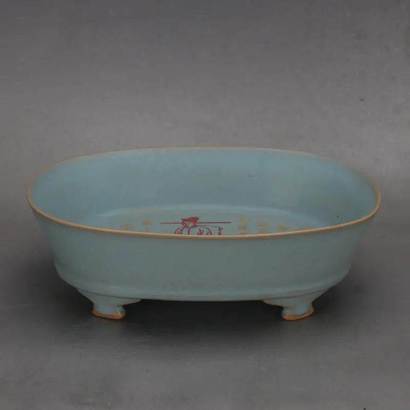 Song Ru Kiln Sky Blue Glaze Crackle Four Foot Planter Ceramic Home Decor Collection Ornament