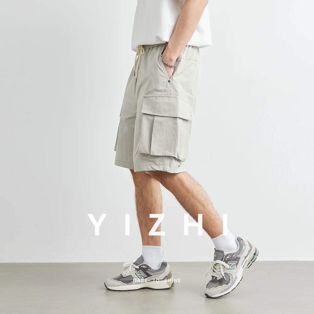 Fashion Men's Large Pocket Wide Leg Work Shorts Summer New Outdoor Sports Straight Style Casual Pants Elastic Waist Design Short