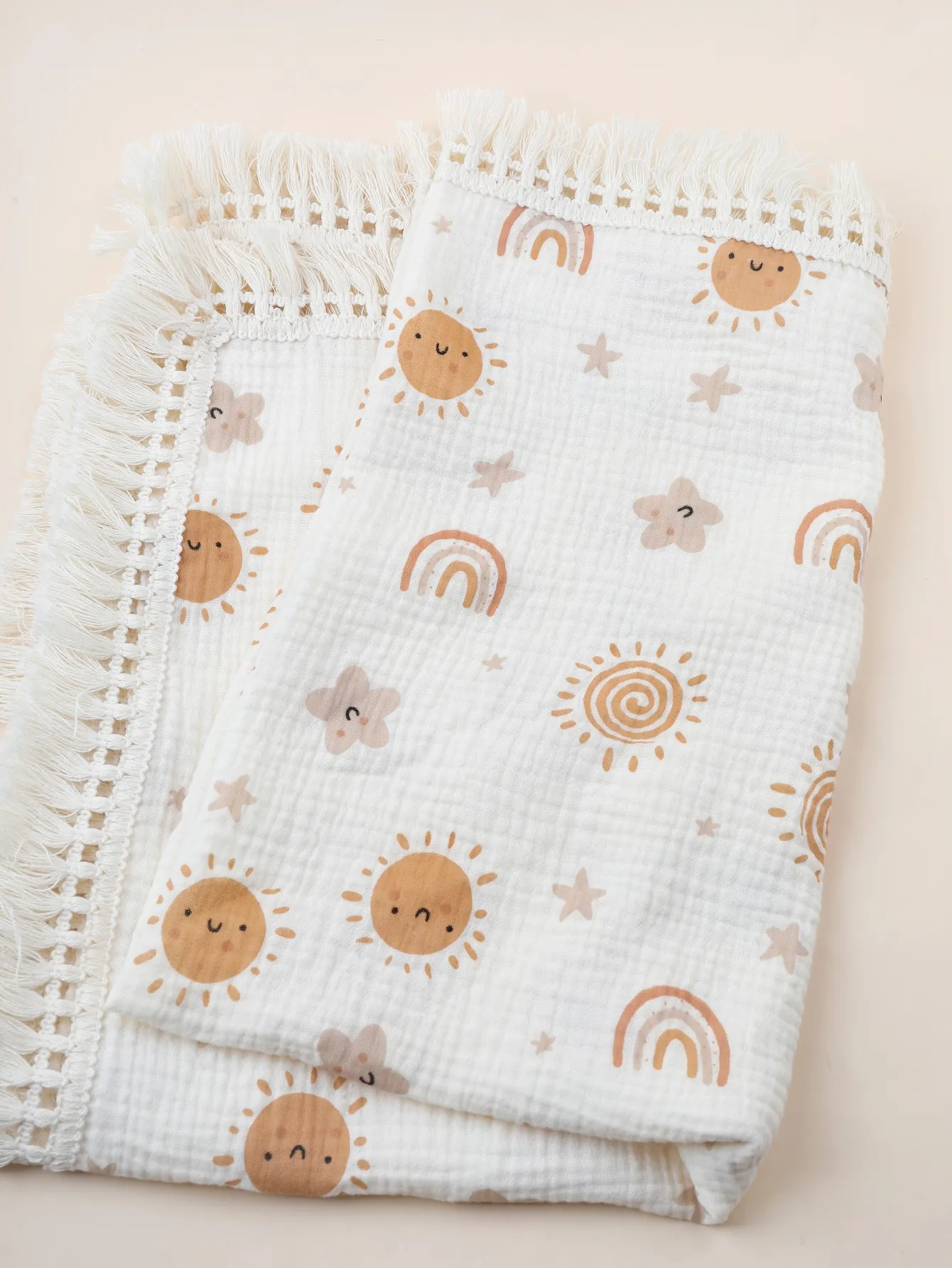 Sun Rainbow Print Tassel Blanket Baby Swaddle Cotton Breathable Bath Robe For Children Toddle Stoller Cover Blanket Towel