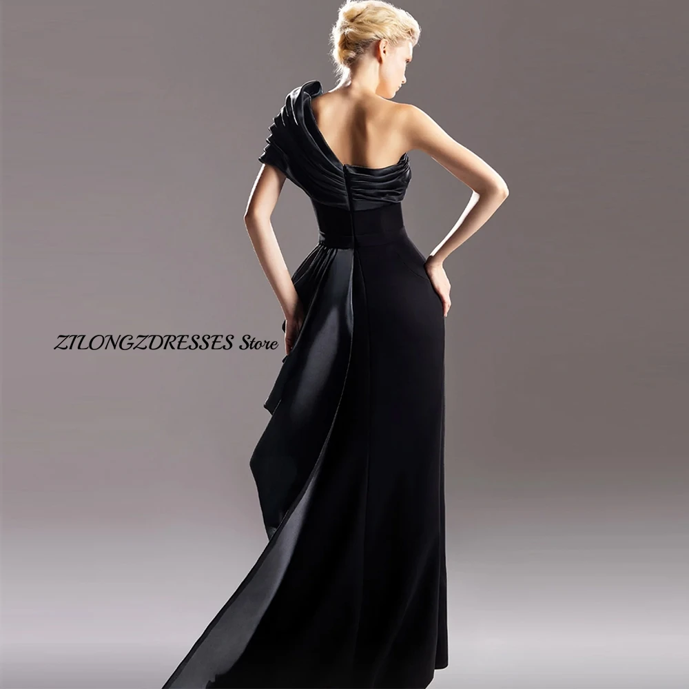 CustomizedCustomized Elegant Zipper Back One Shoulder Jersey Evening Dresses Formal Draped Front Slit Sheath Sweep Train Saudi A