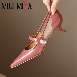 MILI-MIYA New Arrival moda Pointed Toe kobiety krowa skórzane pompy kryształowa klamra pasek na cienkim obcasie sukienka Party buty ręcznie