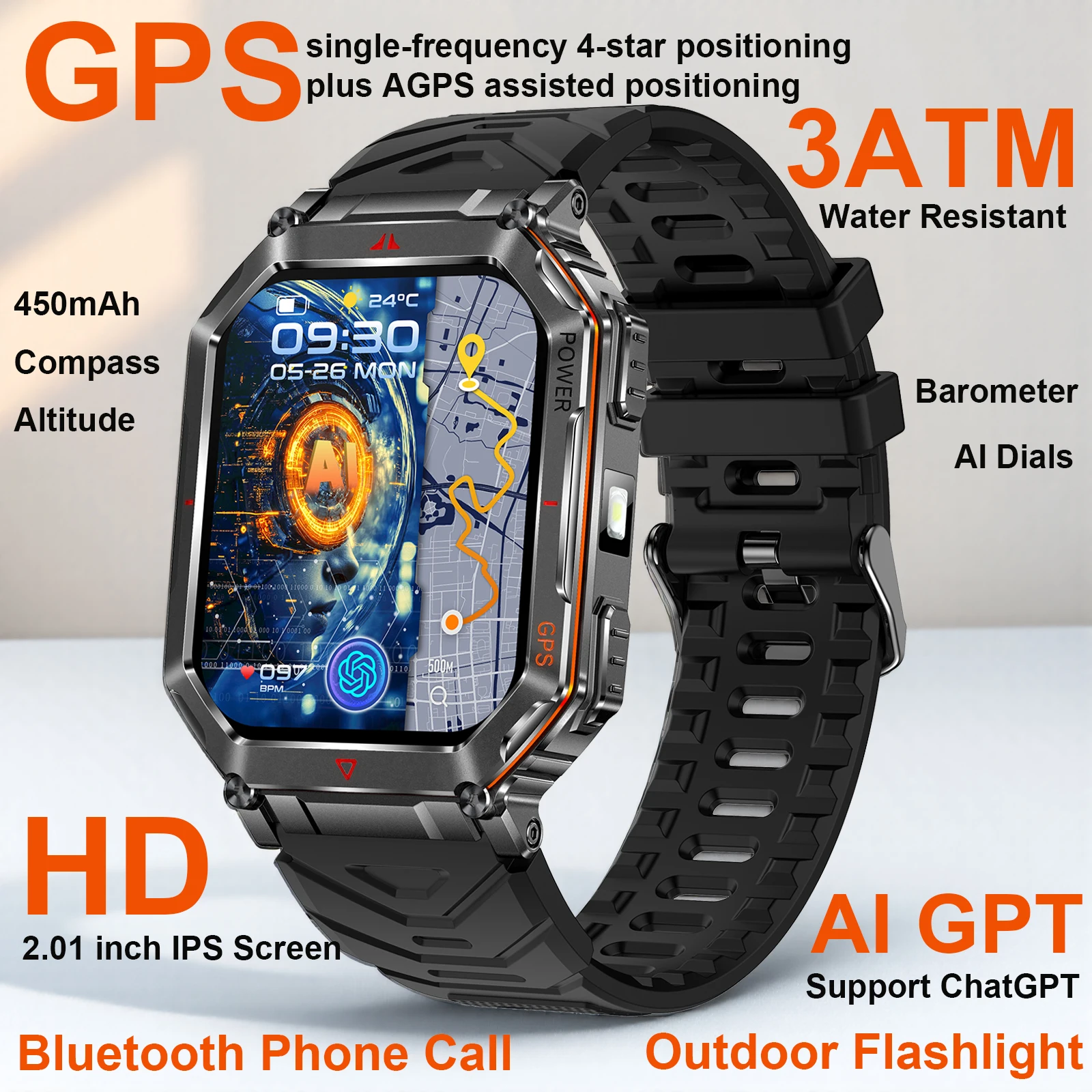 

2025 GPS Smart Watch 3ATM Water Resistant Outdoor Sport Smart Watch Men Bluetooth Call Heart Rate 100+ Sport Mode Flashlight