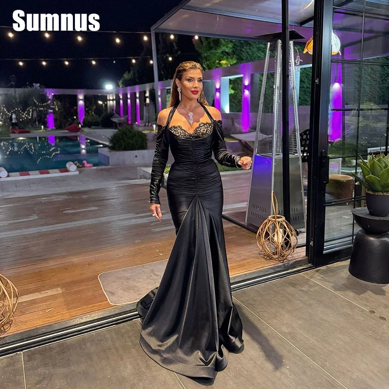 Sumnus preto sereia vestido de baile elegante halter querida vestidos de noite até o chão plissados vestidos formais personalizados