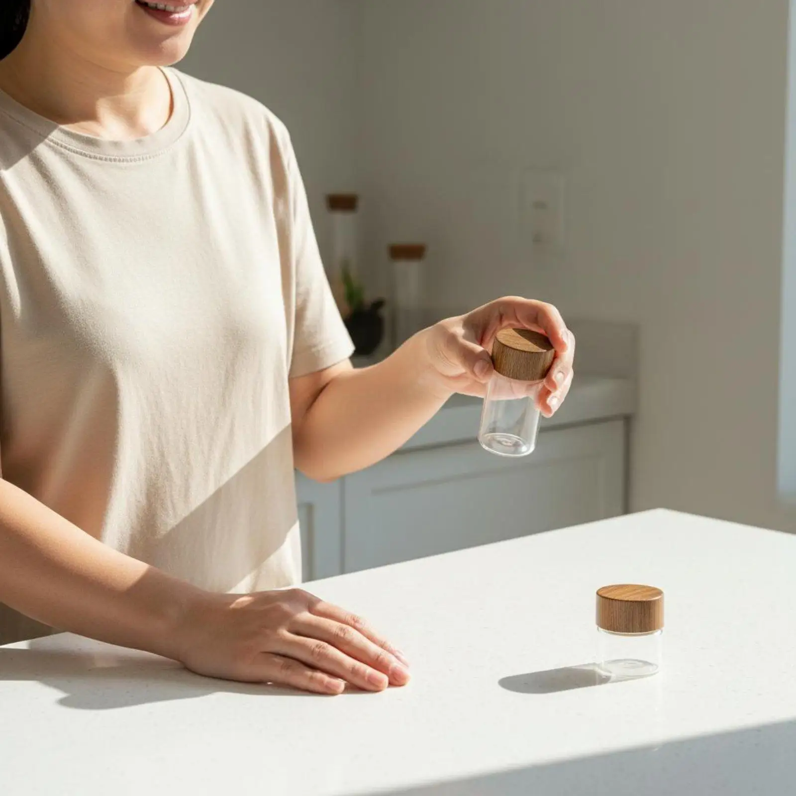 Mini Glass Jar Clear Body Small Storage Bottle Wooden Lid Easy-Carry Coffee Bean Vial for Journeyers, Commuters, Travel, Office,