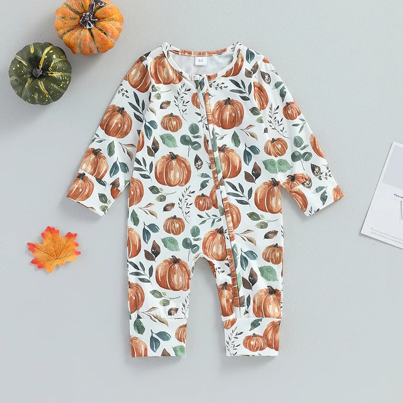 2024 Halloween Bodysuit for Newborn Pumpkin All Over Print Long Sleeve zipper Romper Baby costume