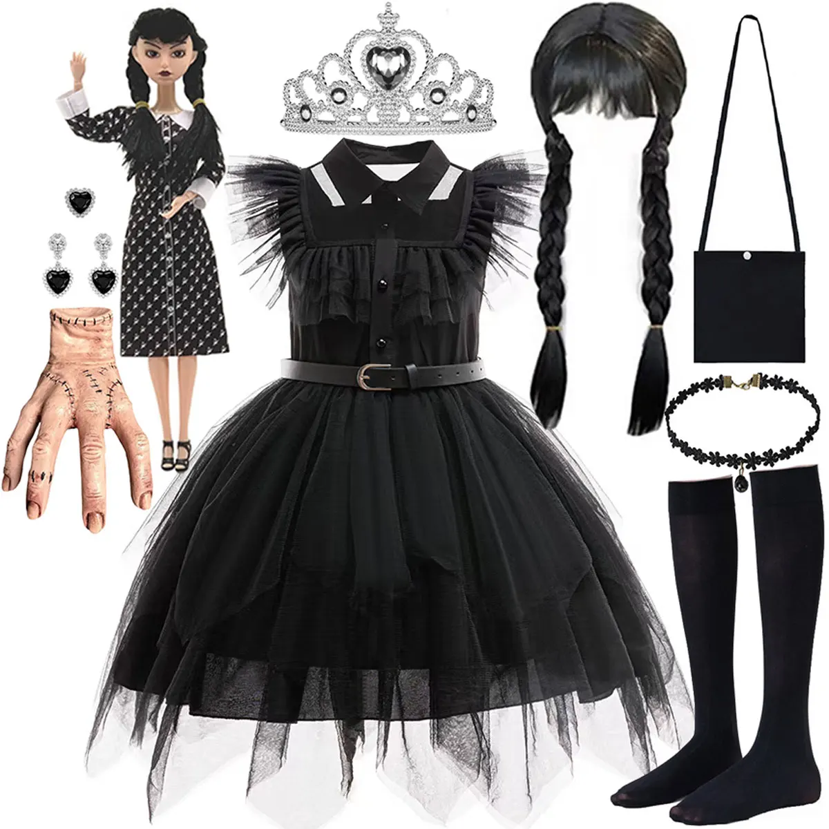 

New American TV Series Wen. Gothic Style Prom Black Sleeveless lace Dress For Girl Halloween Cosplay Adams Wen. Family Dress Set