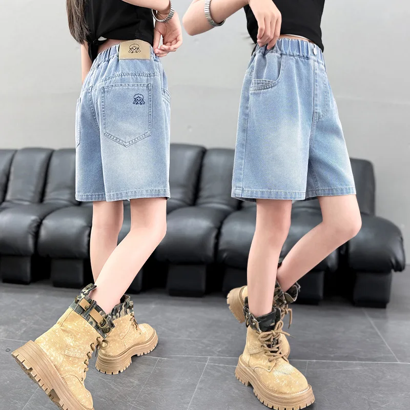 Street Style Kids New Summer Denim Shorts with Embroidery for Teen Girl Knee Length Jeans Shorts Children Short Pants Bottom
