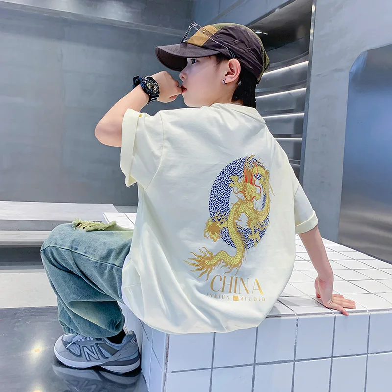 Boy's Summer Clothes Dragon Year National Fashion Cotton Short SleeveTT-shirt2024New Children's Boys' Fake Two-Piece Half-Sleeve