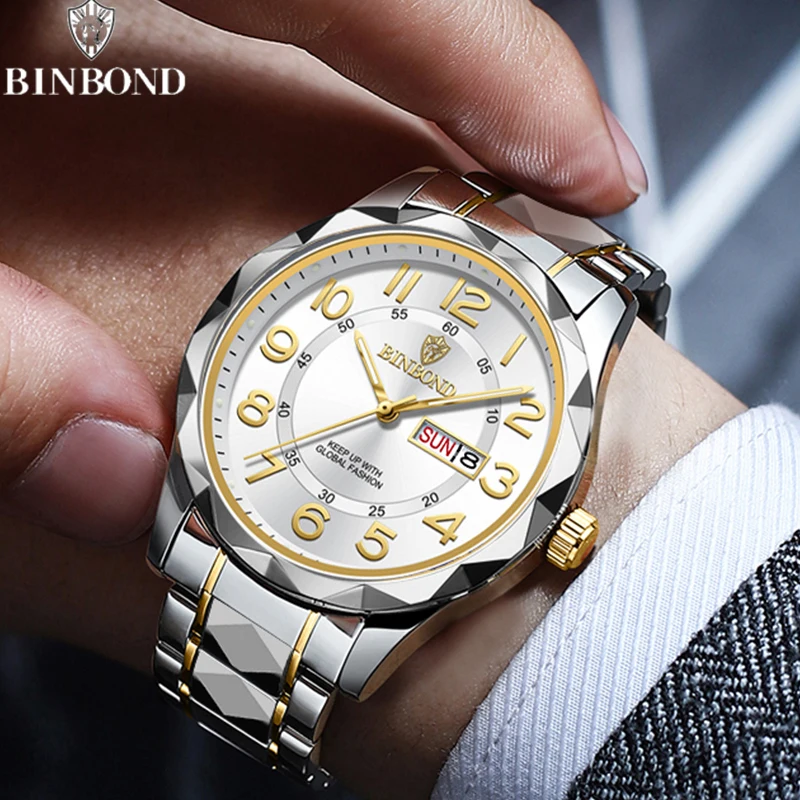 BINBOND Luxury Business Men's Quartz Watches Dual Calendar Waterproof Fashion Leisure Luminous Watch Stainless Steel Men Watches