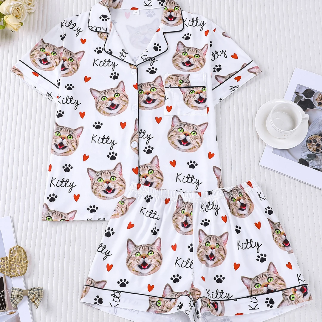 

Белый женский пижамный комплект с принтом кошки, с отложным воротником, короткими рукавами и шортами, домашняя одежда, подарки