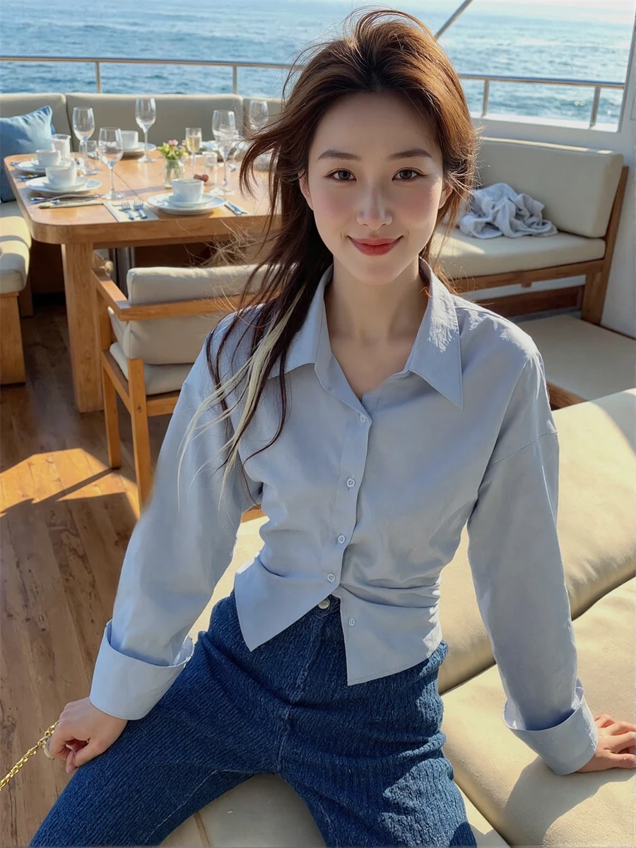 

Casual Shirts Women Long Sleeve Button-Up Blouse with Striped Pattern and Turn-down Collar for Relaxed Office Korean Streetwear