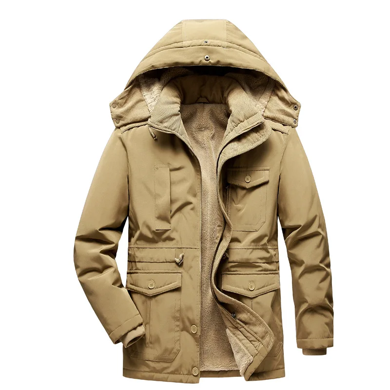 New Winter Men Hooded Long Down Jackets Fleece Warm Parkas Man Multiple Pockets Cargo Coats Quality Man Loose Tooling Jackets 4X