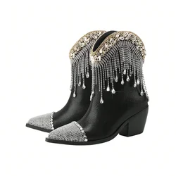 2024 Autumn and Winter Fashion Tassel Rhinestone Sleeve Short Boots, European and American Sexy Thick High-heeled Women's Shoes