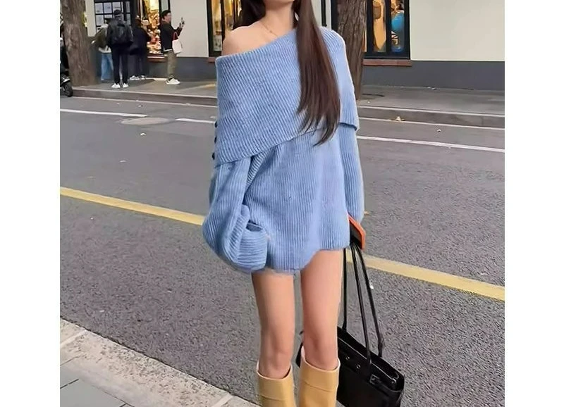 كلمة واحدة الكتف سترة المرأة الخريف والشتاء مزاجه الأزرق طويلة الأكمام محبوك سترة فضفاضة ورقيقة كسول #1