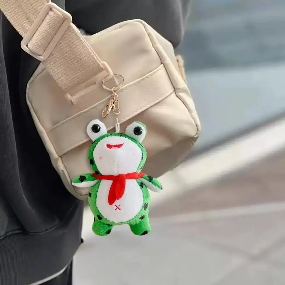 Cartoon Frog Keyring Plush Cartoon Frog Keychain with Blue Scarf Stuffed Frog Car Key Ring Backpack School Bag Charm Pendant