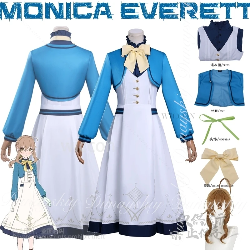 MoeMimic أسرار الساحرة الصامتة أنيمي مونيكا ايفريت تأثيري مع لون القهوة شعر مستعار أزرق أبيض فستان زي جميع مجموعة كوس