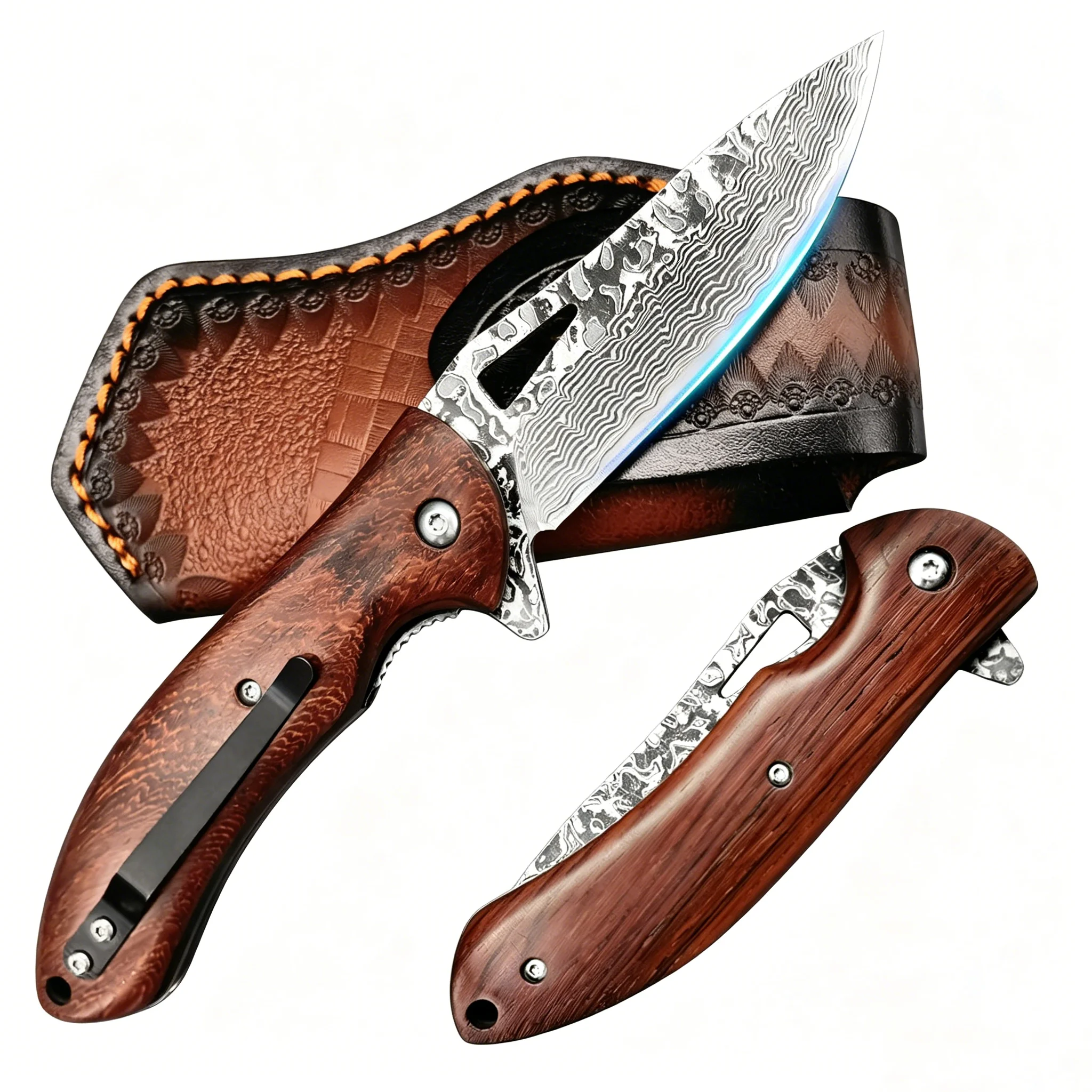 Image of XEESHININ Damaszener Klappmesser – Outdoor-Camping-Überlebensmesser mit Holzgriff, Lederscheide, EDC-Flipper-Mechanismus – Geschenktauglich