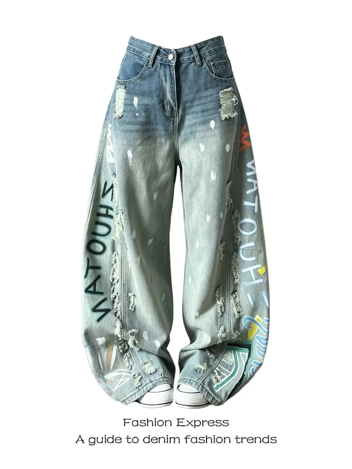 American Graffiti Trendy Wide Leg Pants Women's Loose Fashion Floor-Length Pants High Waist Denim Fabric Four Seasons Universal