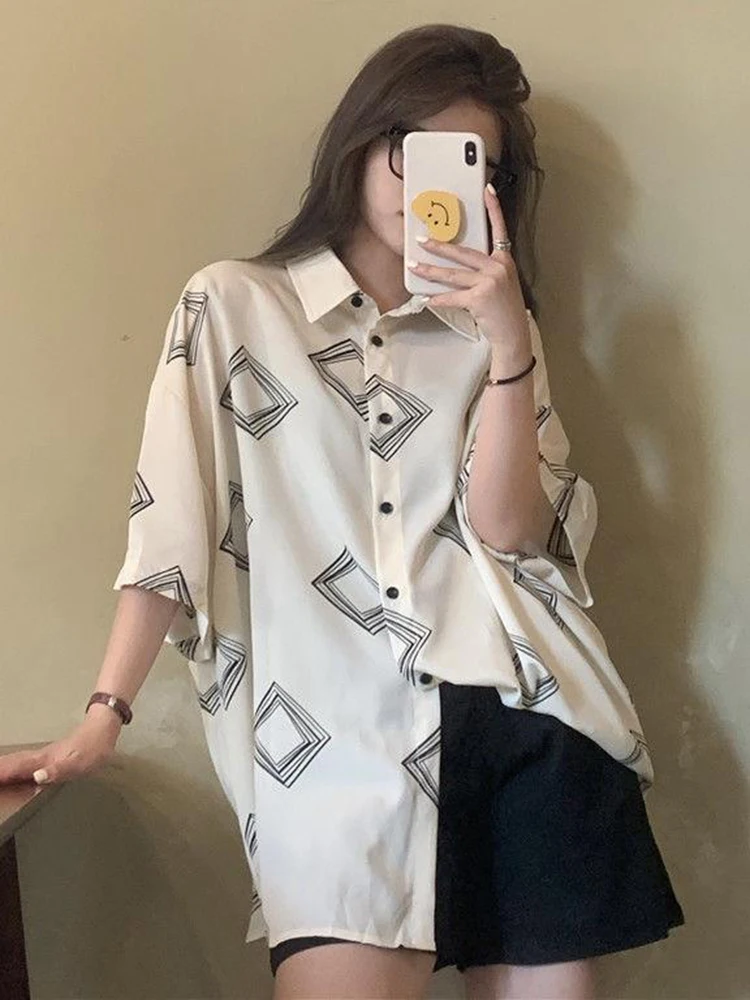 

Zoki Vintage Geometric Women Harajuku Shirt Summer Korean Oversize Loose Sun Proof Blouse Casual All Match Buttons Retro Tops