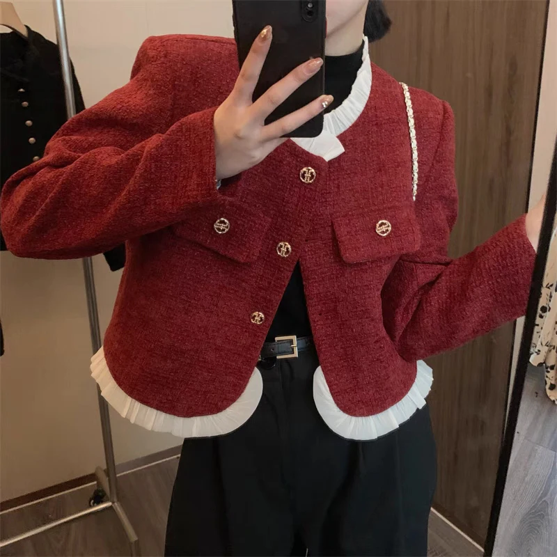 French Jacket Women Elegant Crop Coats Long Sleeve O Neck Button Patchwork Casual Small Fragrance Office Lady Female Outwear New