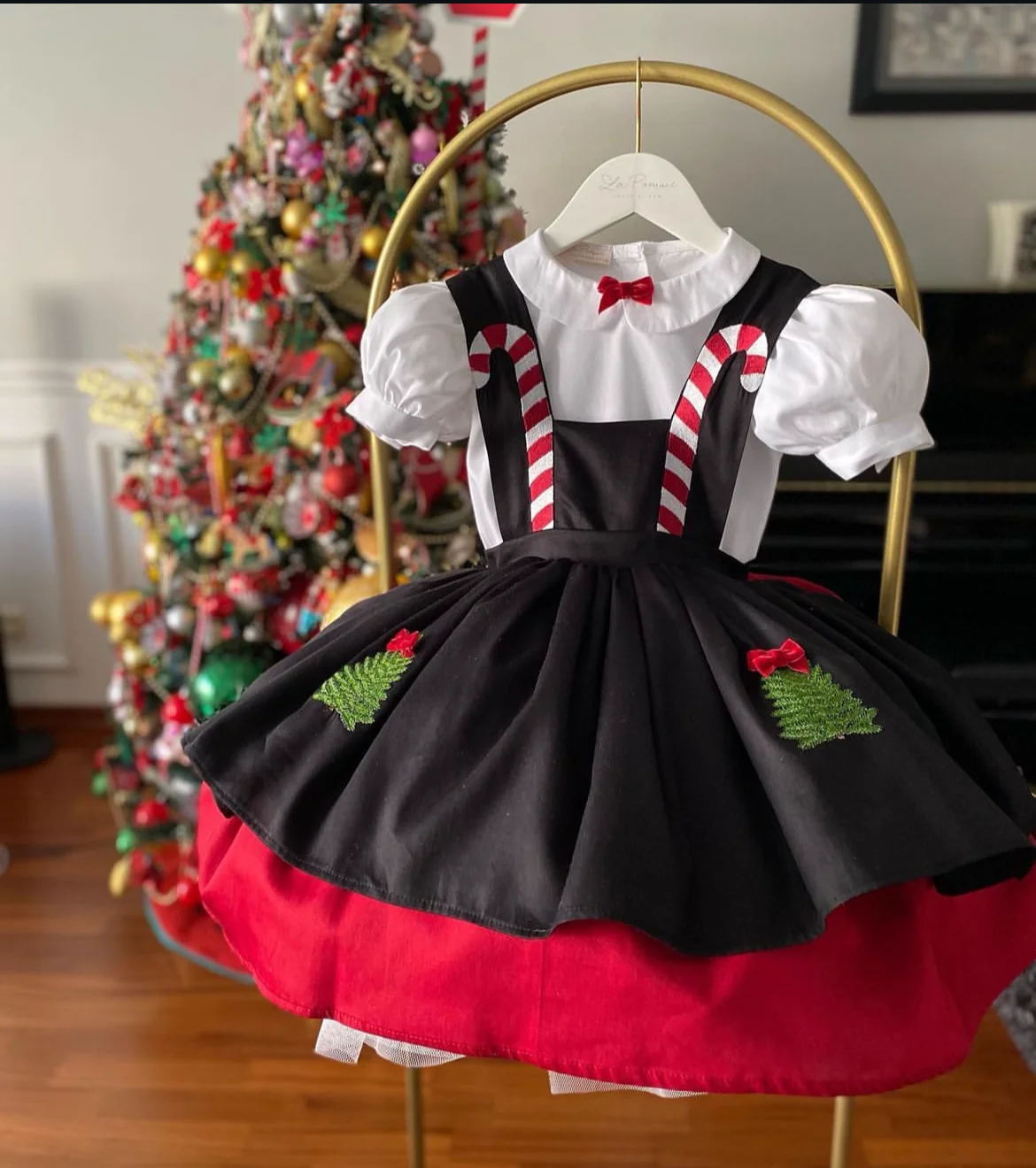 Baby Girl Red Black Candy Cane Christmas Tree Embroidery Turkish Vintage Princess Dress for Christmas Photography Holiday Party