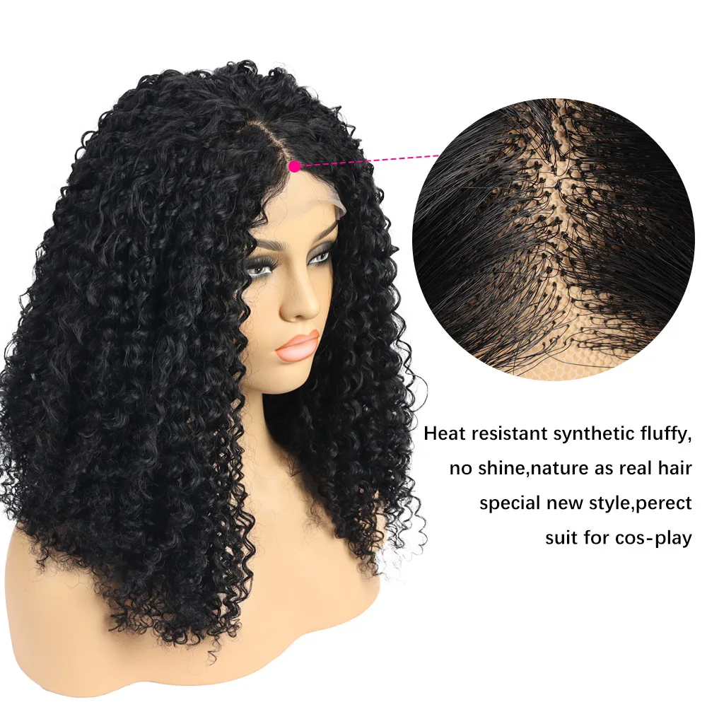 Wig Girl 4 * 4 Black Medium Long Curly Hair, Exploding Head Small Curly Hair