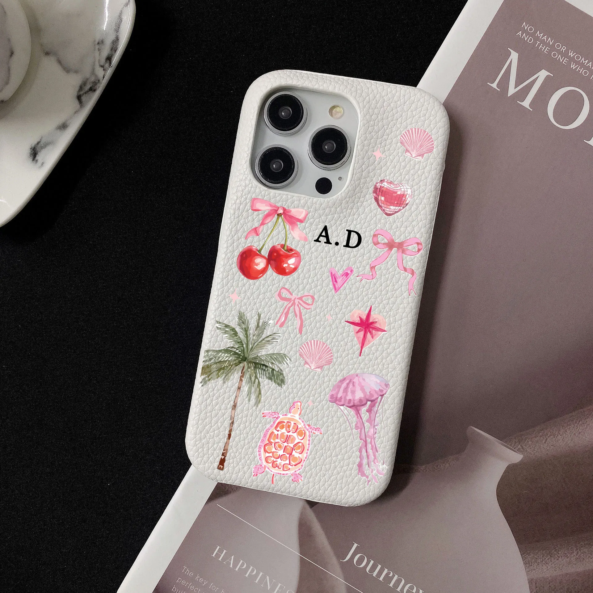 Personalised Name Pink Seashells Pebble Grain Leather Case for iphone 11 12 14 13 15Pro Max XS XR 14 16Plus Luxury Hard PU Cover