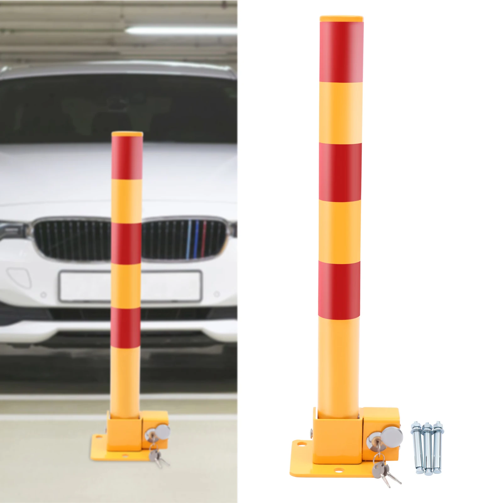 

Parking Barrier Lock Folding Parking Obstacle Pile Post Driveway Parking Interceptor Bollard with Warning Stripes