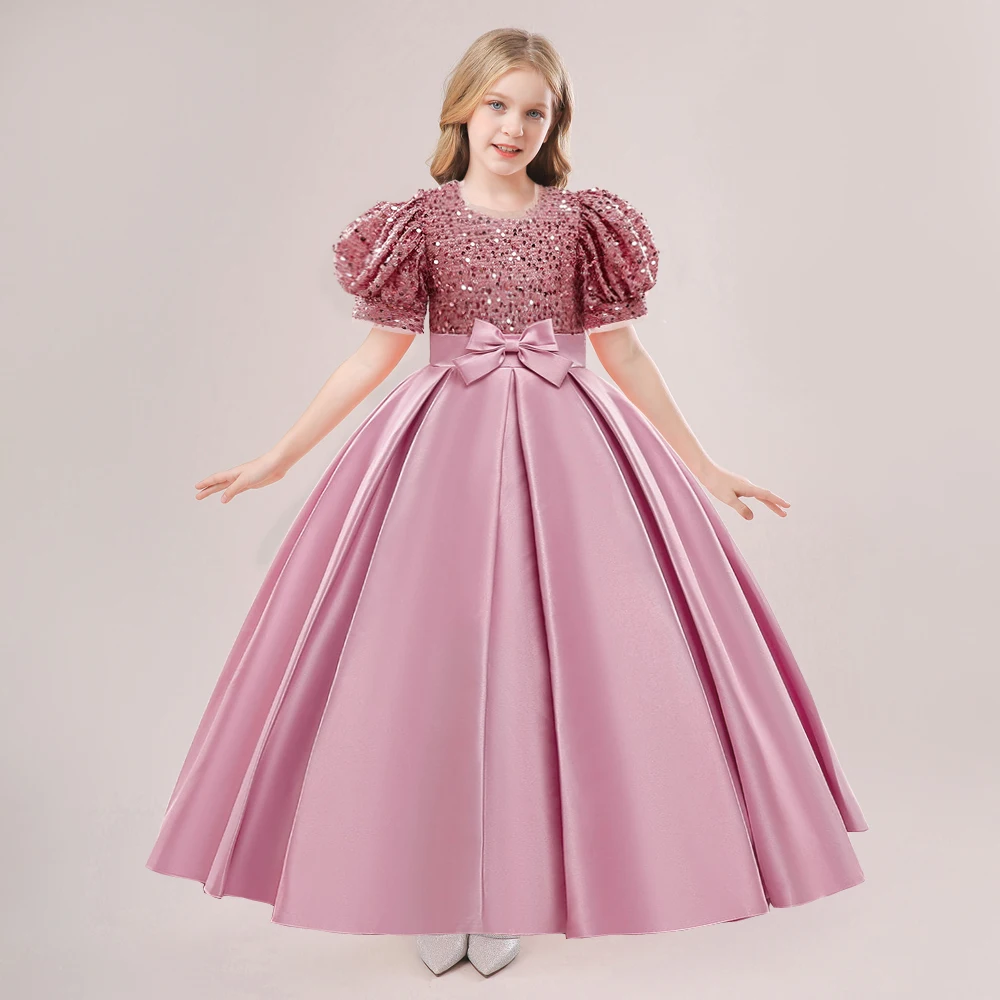 Sequin Elegant Kids Party Dresses For Girls Children Green Christmas Wedding Birthday Gown Bow Girl Princess Evening Dress 4-14Y