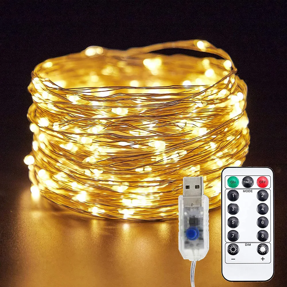 

USB Fairy String Lights Waterproof Copper Wire 100 LED 33Ft Led String Lights Warm White with Remote for Valentine's Day