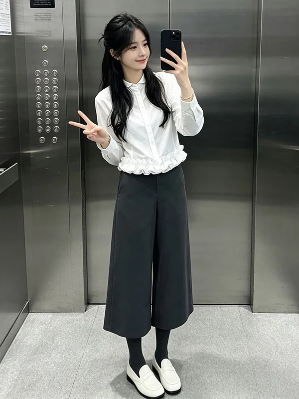Casual Chic Women's Two-Piece Set with Wood Grain Ruffle Hem White Shirt And Wide Leg Pants for Autumn Season High Waist Fit