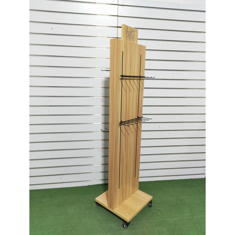 custom.Belt Display Stand Double Side Wood Headgear Display Rack with Removable Hooks and Caster Retail Shop