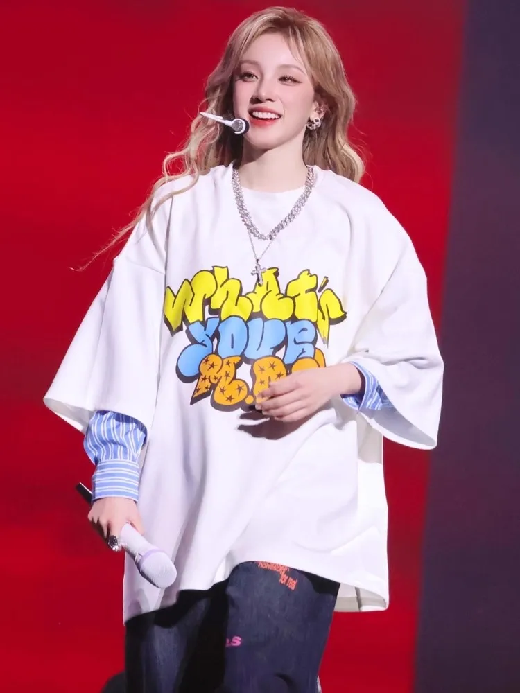 

EXJR SONG YUQI Hip Hop Style Short Sleeve T-Shirt Fake Two-Piece Slim Fit Wide Leg Knife Long Pants Women's Casual Fashion