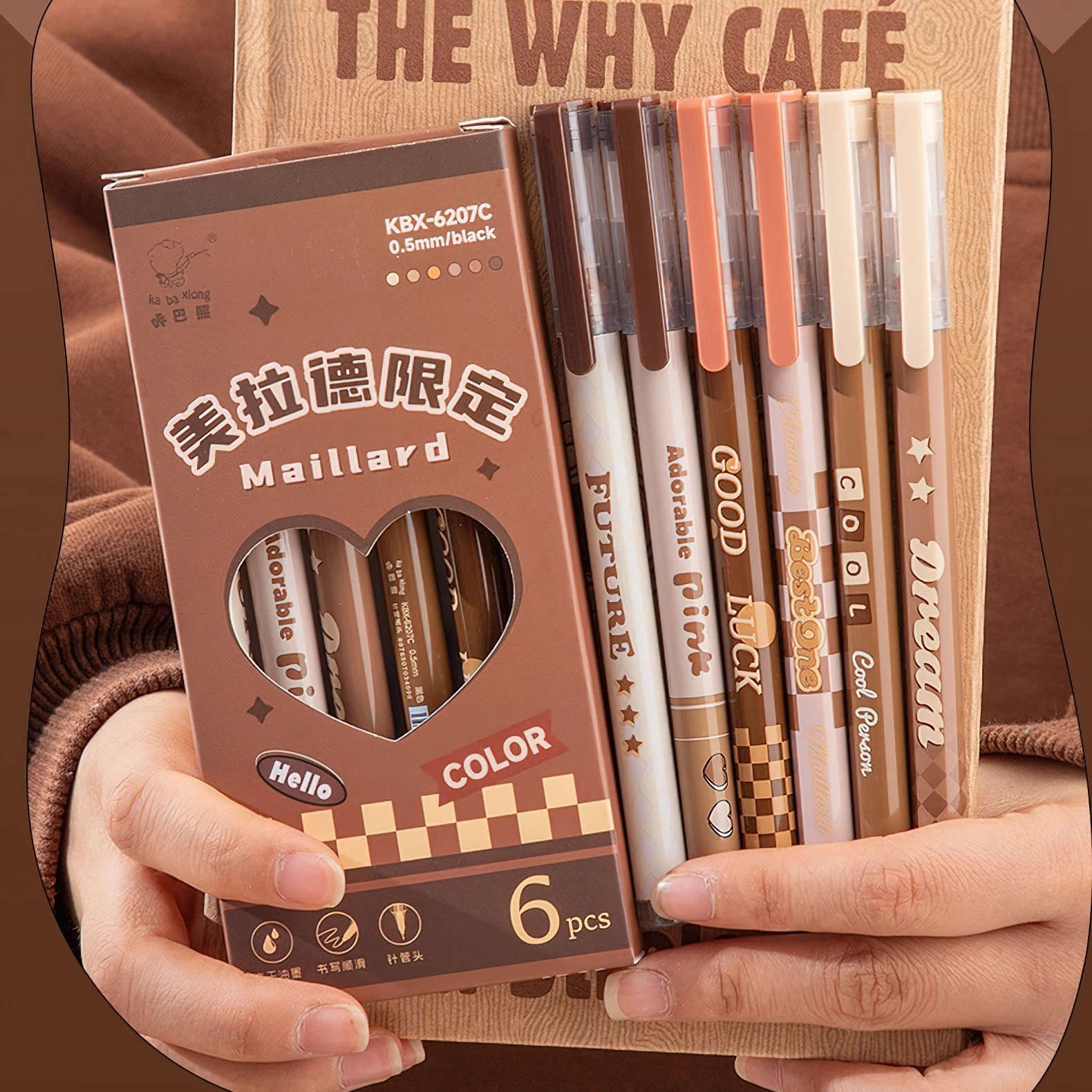 6pcs Maillard Gel Pens Set Coffee Tones 0.5mm Ballpoint Black Color Quick-dry Ink for Writing Office School F7647