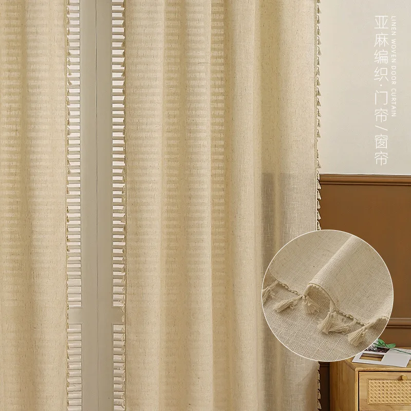 

Boho Cotton Linen Curtains, Semi Sheer Natural Fabrics Curtains Tassel Rod Pocket, Farmhouse Curtains for Living Room Bedroom