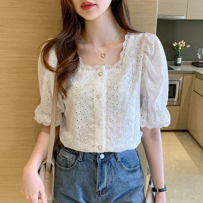 New Short Sleeve Hollow Out Women Blouses Vintage Lace Square Collar White Tops Elegant Loose Shirts